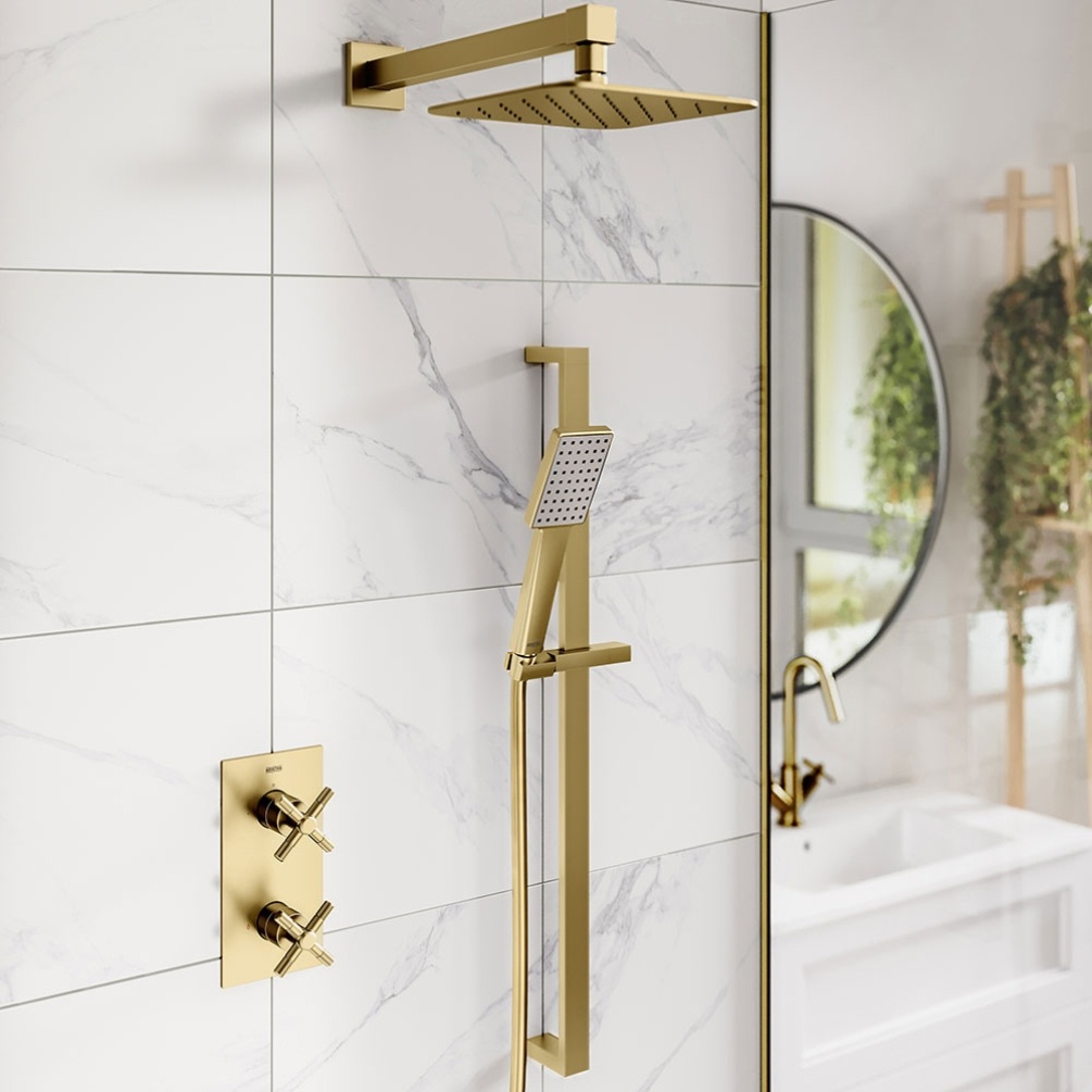 Lifestyle image of the Bristan Cruzar Brushed Brass Dual Outlet Thermostatic Shower Pack